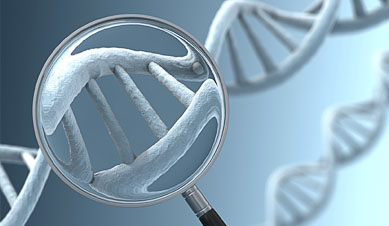 A magnifying glass focussing on a section of a DNA strand. Very high resolution 3D render.